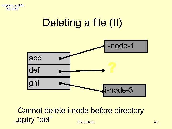 UCDavis, ecs 251 Fall 2007 Deleting a file (II) i-node-1 abc def ghi ?