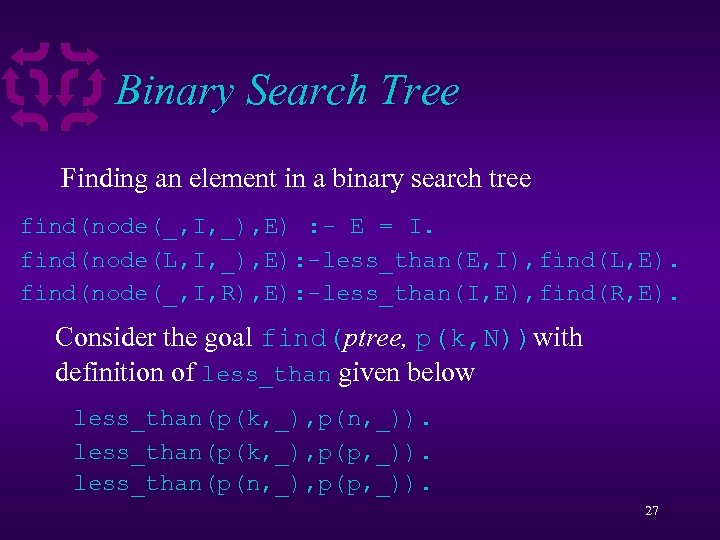 Binary Search Tree Finding an element in a binary search tree find(node(_, I, _),
