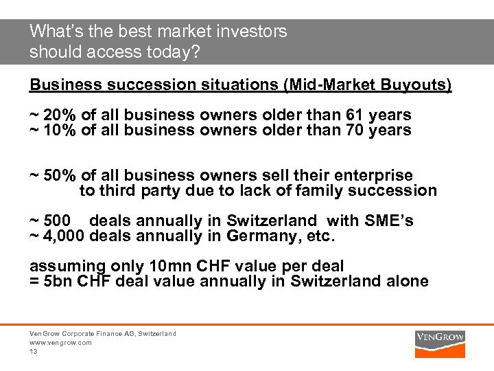 What’s the best market investors should access today? Business succession situations (Mid-Market Buyouts) ~
