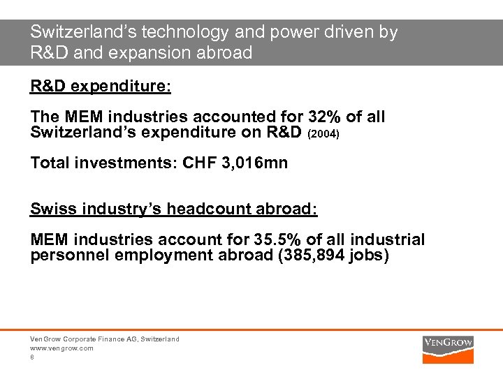 Switzerland’s technology and power driven by R&D and expansion abroad R&D expenditure: The MEM