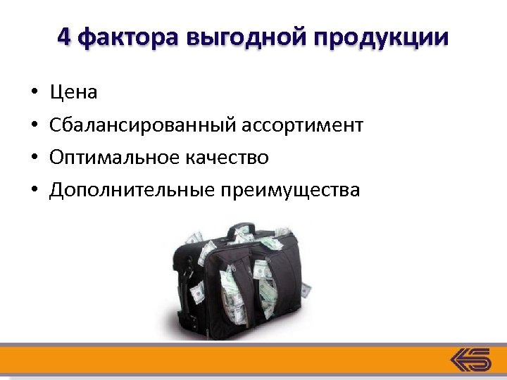 4 фактора выгодной продукции • • Цена Сбалансированный ассортимент Оптимальное качество Дополнительные преимущества 