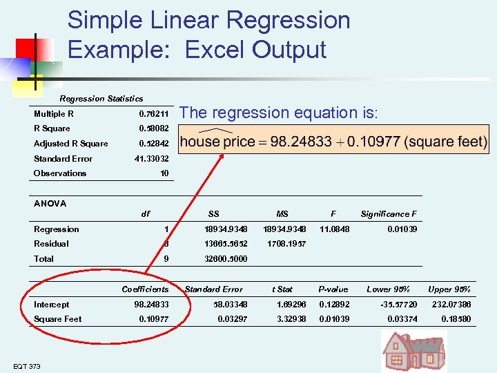 Simple Linear Regression Example: Excel Output Regression Statistics Multiple R 0. 76211 R Square