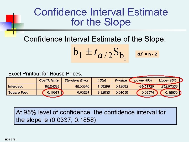 Confidence Interval Estimate for the Slope Confidence Interval Estimate of the Slope: d. f.