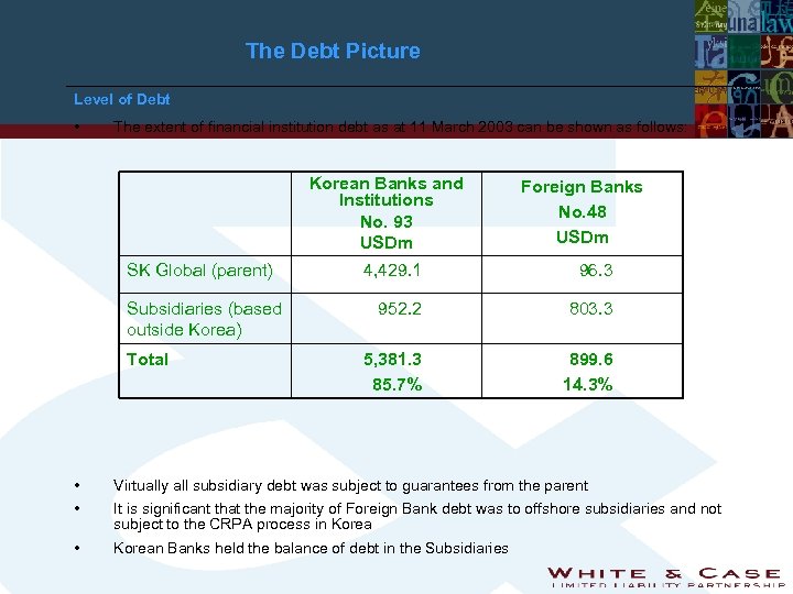 The Debt Picture Level of Debt • The extent of financial institution debt as