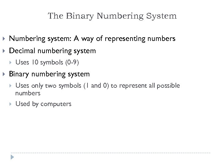 The Binary Numbering System Numbering system: A way of representing numbers Decimal numbering system
