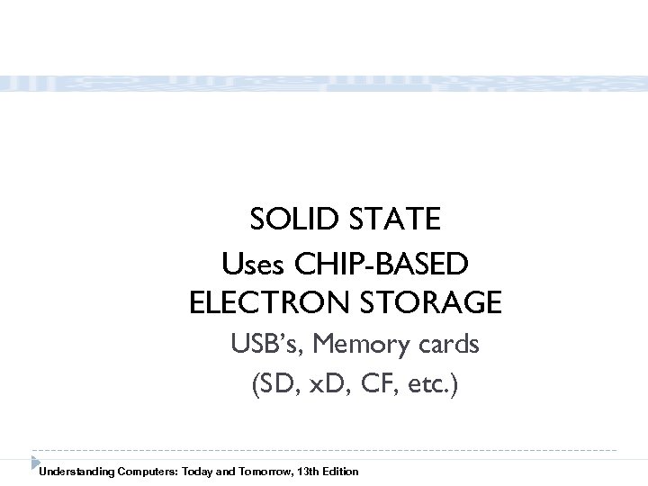SOLID STATE Uses CHIP-BASED ELECTRON STORAGE USB’s, Memory cards (SD, x. D, CF, etc.