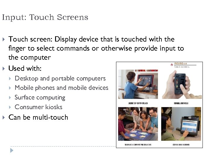Input: Touch Screens Touch screen: Display device that is touched with the finger to