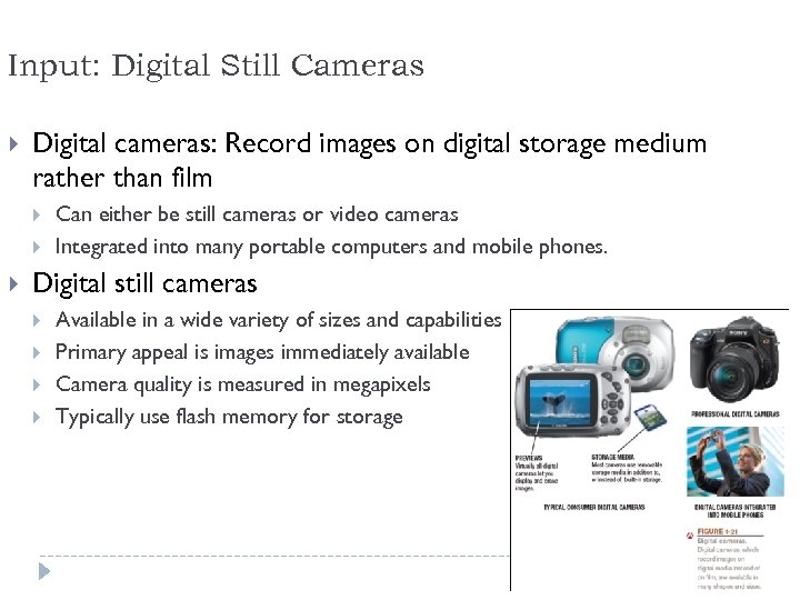 Input: Digital Still Cameras Digital cameras: Record images on digital storage medium rather than