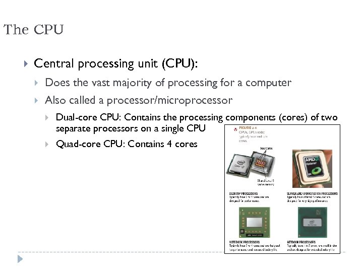 The CPU Central processing unit (CPU): Does the vast majority of processing for a