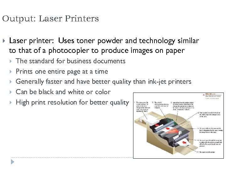 Output: Laser Printers Laser printer: Uses toner powder and technology similar to that of