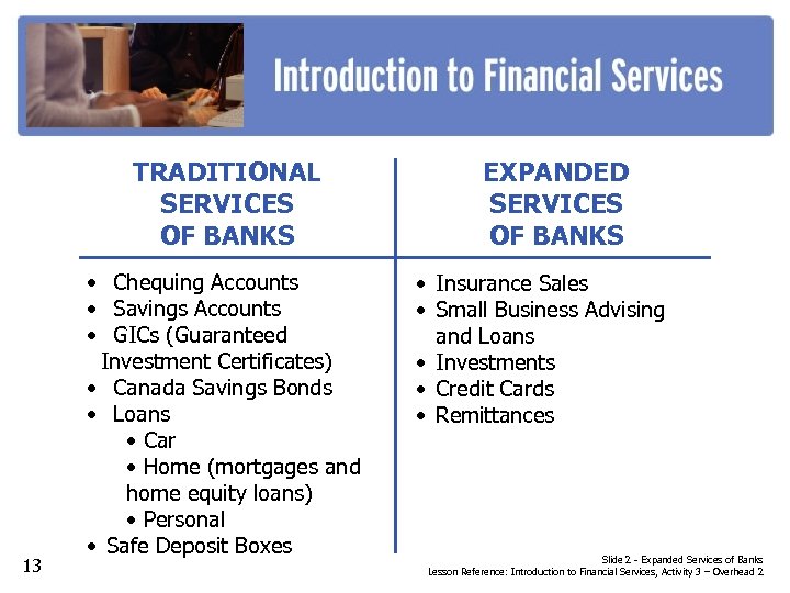 TRADITIONAL SERVICES OF BANKS 13 • Chequing Accounts • Savings Accounts • GICs (Guaranteed