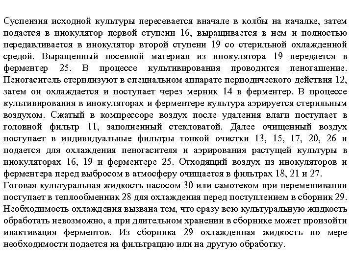 Суспензия исходной культуры пересевается вначале в колбы на качалке, затем подается в инокулятор первой