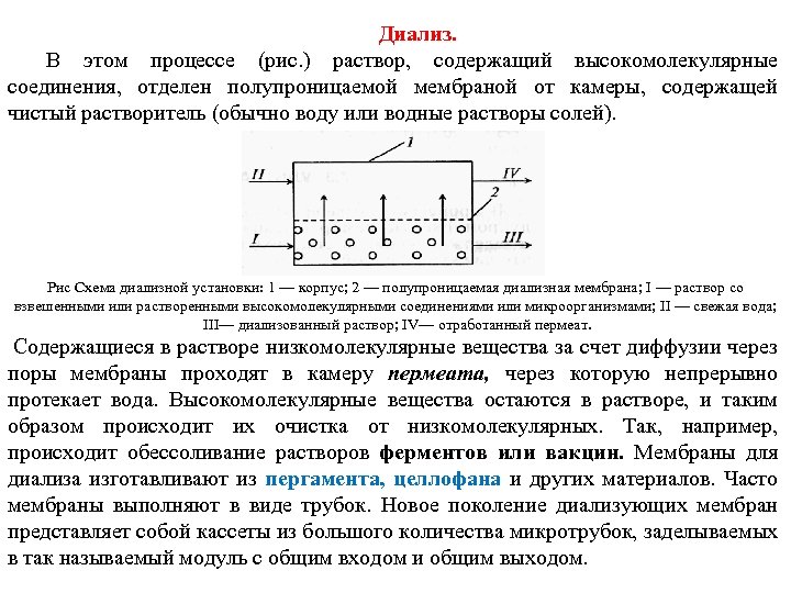 Диализ. В этом процессе (рис. ) раствор, содержащий высокомолекулярные соединения, отделен полупроницаемой мембраной от