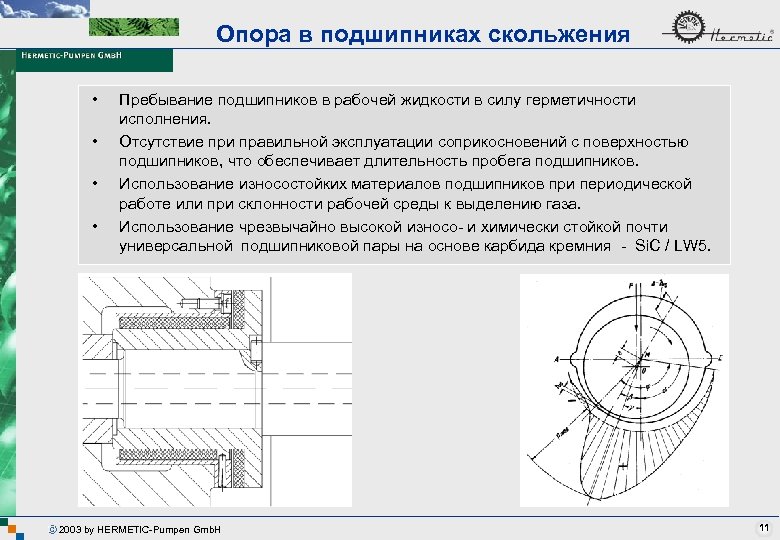 Опора в подшипниках скольжения • • Пребывание подшипников в рабочей жидкости в силу герметичности
