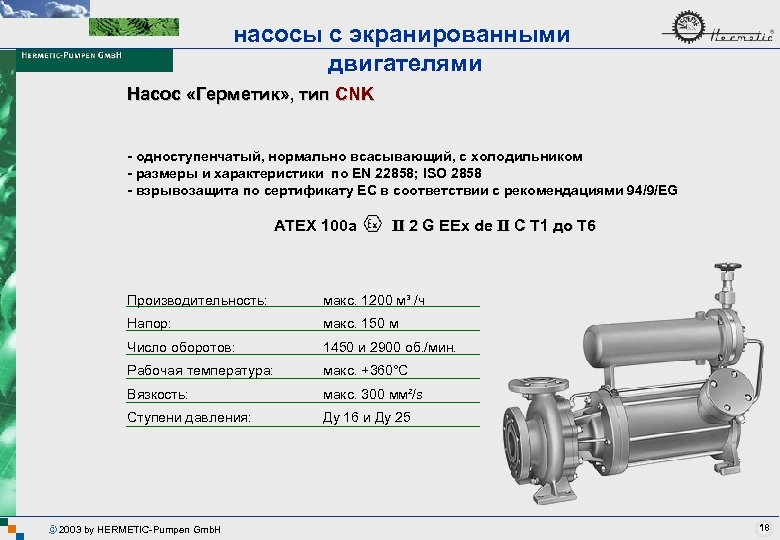 насосы с экранированными двигателями Насос «Герметик» , тип CNK - одноступенчатый, нормально всасывающий, с
