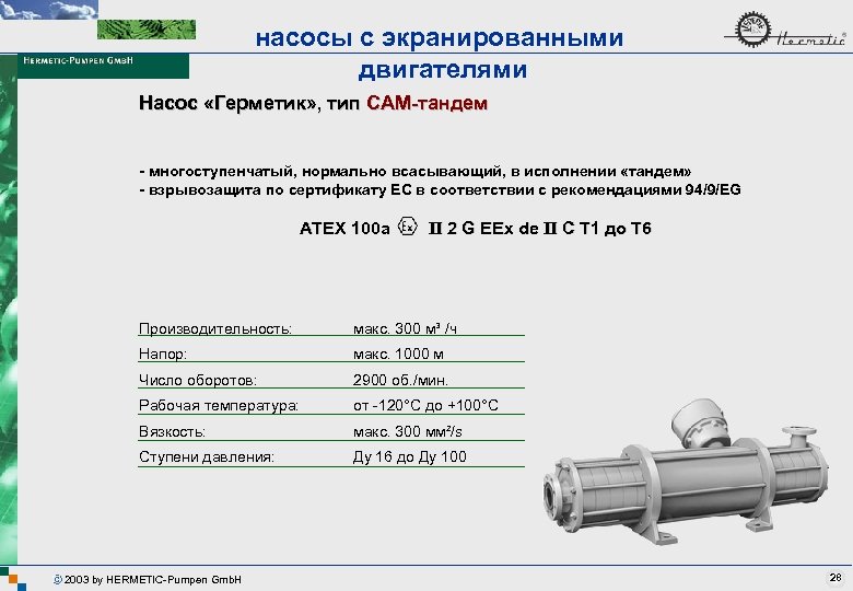 насосы с экранированными двигателями Насос «Герметик» , тип CAM-тандем - многоступенчатый, нормально всасывающий, в