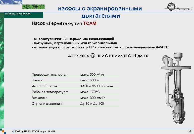 насосы с экранированными двигателями Насос «Герметик» , тип TCAM - многоступенчатый, нормально всасывающий -