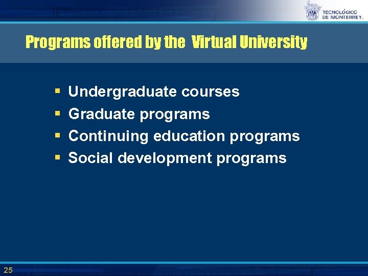 Programs offered by the Virtual University § § 25 Undergraduate courses Graduate programs Continuing
