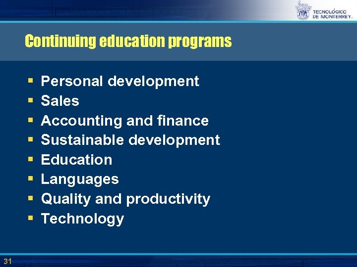 Continuing education programs § § § § 31 Personal development Sales Accounting and finance