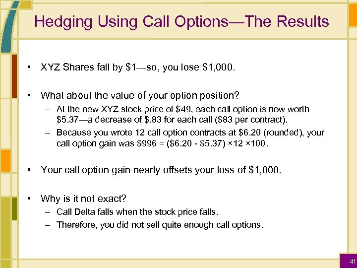 Hedging Using Call Options—The Results • XYZ Shares fall by $1—so, you lose $1,