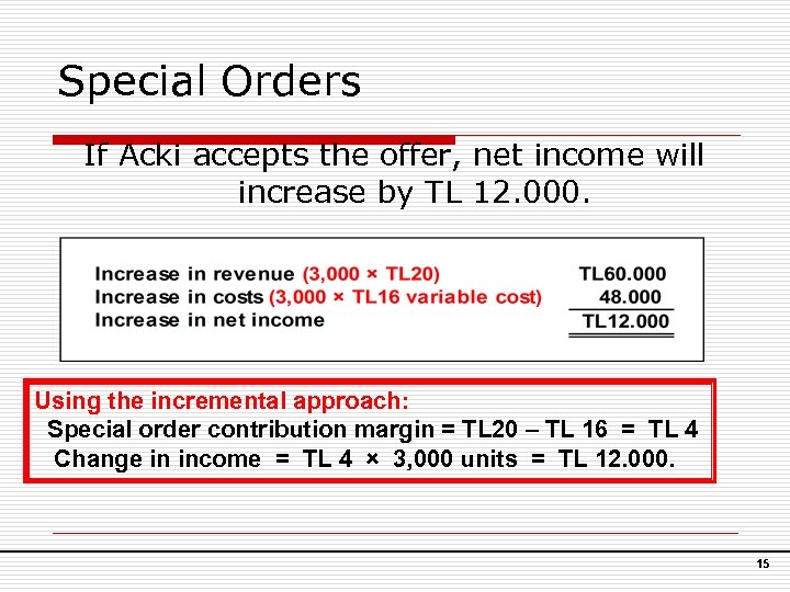 Special Orders If Acki accepts the offer, net income will increase by TL 12.