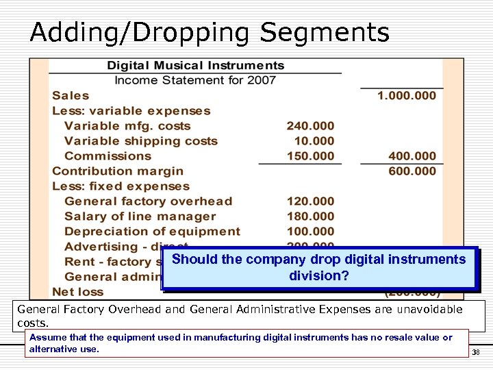 Adding/Dropping Segments Should the company drop digital instruments division? General Factory Overhead and General