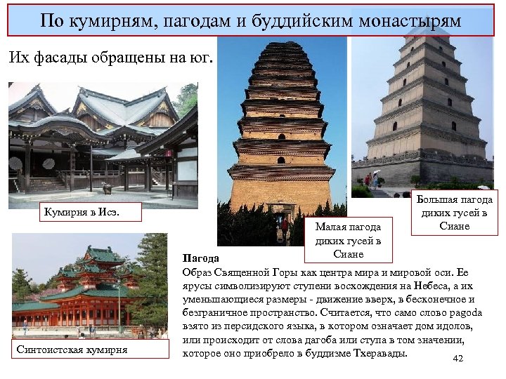 По кумирням, пагодам и буддийским монастырям Их фасады обращены на юг. Кумирня в Исэ.