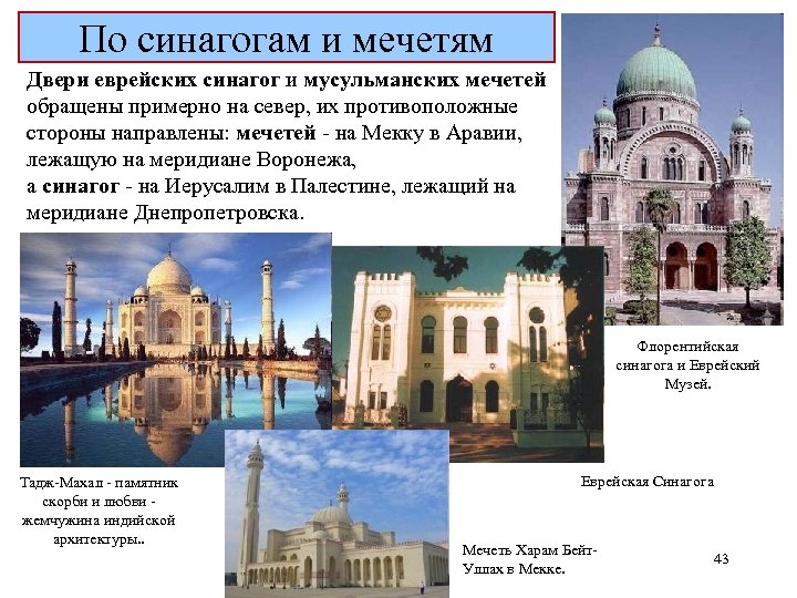 По синагогам и мечетям Двери еврейских синагог и мусульманских мечетей обращены примерно на север,