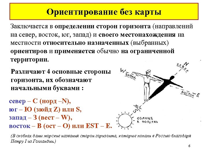 Ориентирование без карты Заключается в определении сторон горизонта (направлений на север, восток, юг, запад)