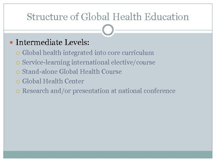 Structure of Global Health Education Intermediate Levels: Global health integrated into core curriculum Service-learning