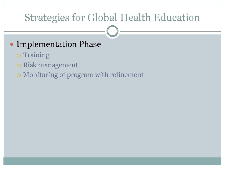 Strategies for Global Health Education Implementation Phase Training Risk management Monitoring of program with