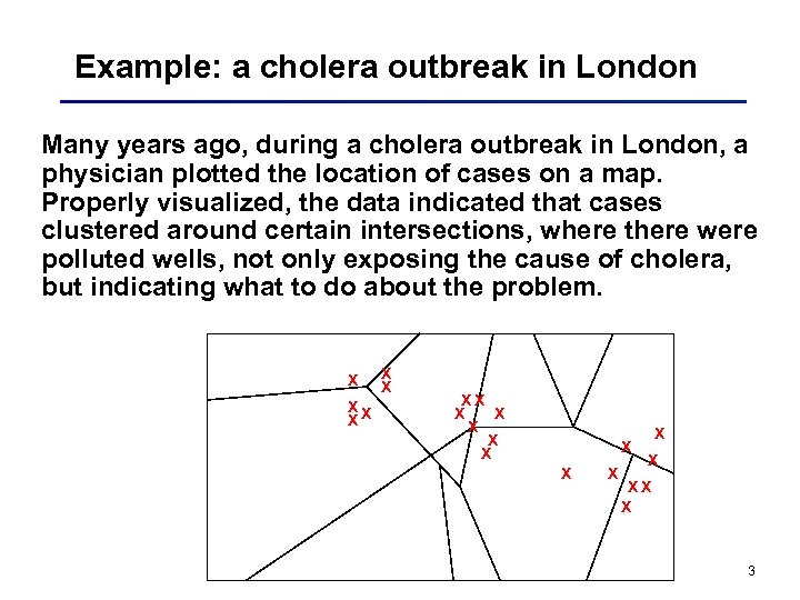 Example: a cholera outbreak in London Many years ago, during a cholera outbreak in