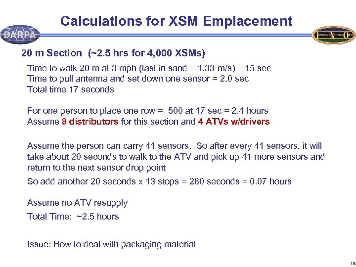 Calculations for XSM Emplacement 20 m Section (~2. 5 hrs for 4, 000 XSMs)