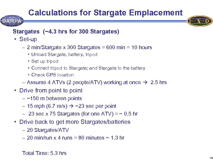 Calculations for Stargate Emplacement Stargates (~4. 3 hrs for 300 Stargates) • Set-up –