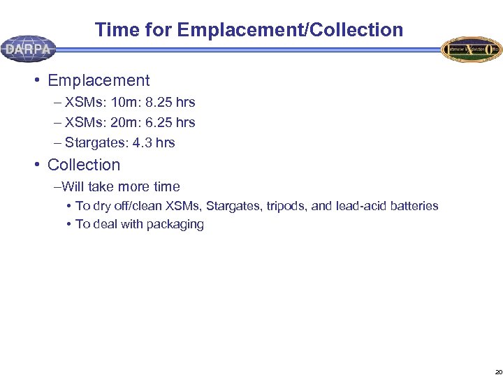 Time for Emplacement/Collection • Emplacement – XSMs: 10 m: 8. 25 hrs – XSMs: