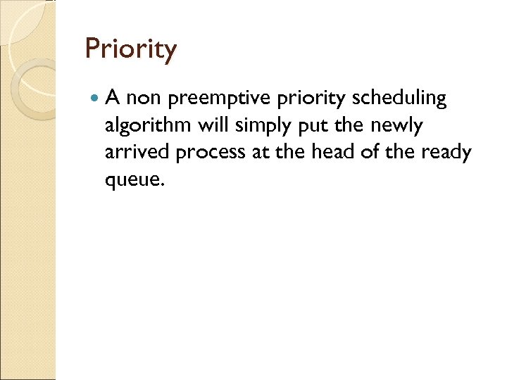 Priority A non preemptive priority scheduling algorithm will simply put the newly arrived process