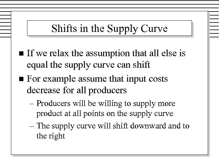 Shifts in the Supply Curve If we relax the assumption that all else is