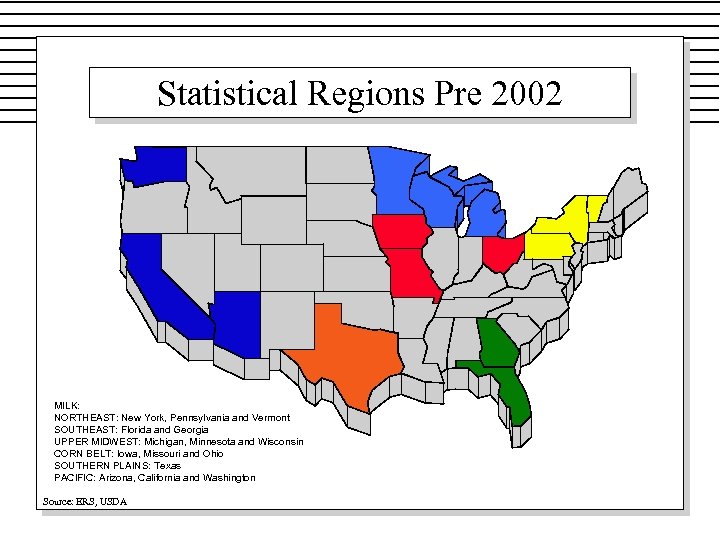 Statistical Regions Pre 2002 MILK: NORTHEAST: New York, Pennsylvania and Vermont SOUTHEAST: Florida and