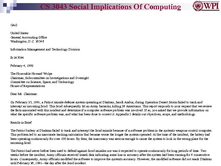 CS 3043 Social Implications Of Computing GAO United States General Accounting Office Washington, D.