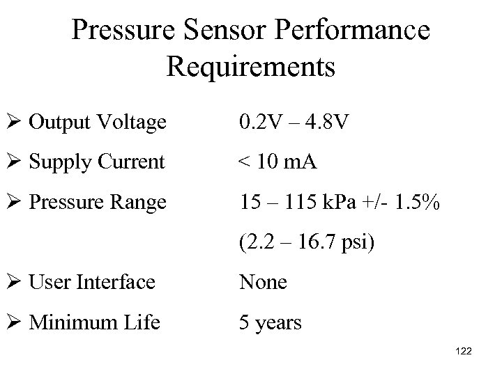 Pressure Sensor Performance Requirements Ø Output Voltage 0. 2 V – 4. 8 V