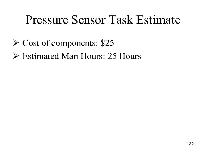 Pressure Sensor Task Estimate Ø Cost of components: $25 Ø Estimated Man Hours: 25