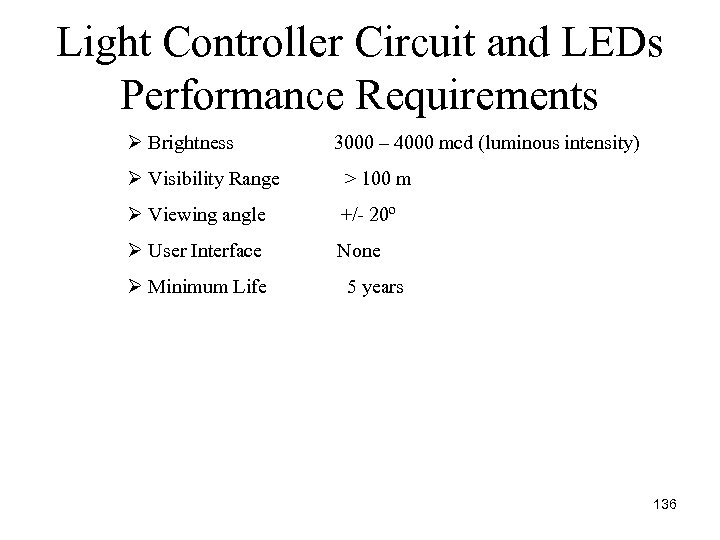 Light Controller Circuit and LEDs Performance Requirements Ø Brightness 3000 – 4000 mcd (luminous