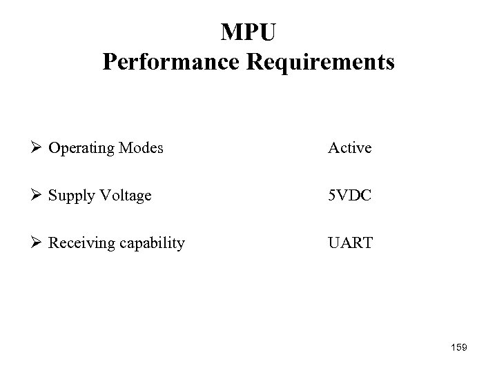 MPU Performance Requirements Ø Operating Modes Active Ø Supply Voltage 5 VDC Ø Receiving
