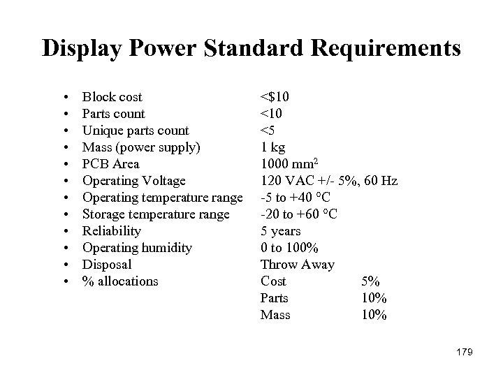 Display Power Standard Requirements • • • Block cost Parts count Unique parts count