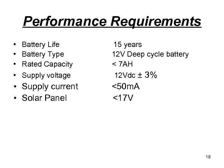 Performance Requirements • • Battery Life 15 years Battery Type 12 V Deep cycle