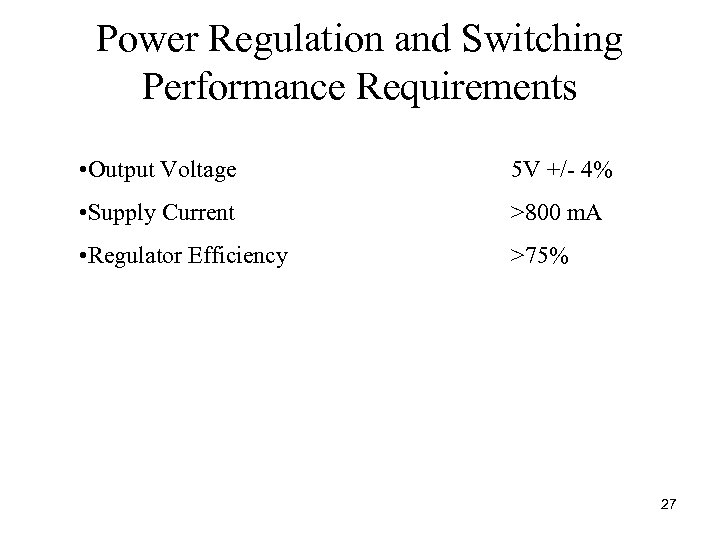 Power Regulation and Switching Performance Requirements • Output Voltage 5 V +/ 4% •