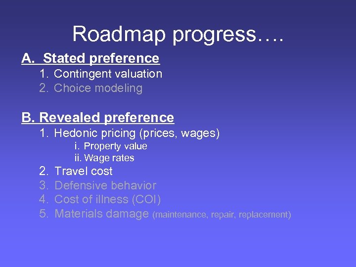 Roadmap progress…. A. Stated preference 1. Contingent valuation 2. Choice modeling B. Revealed preference