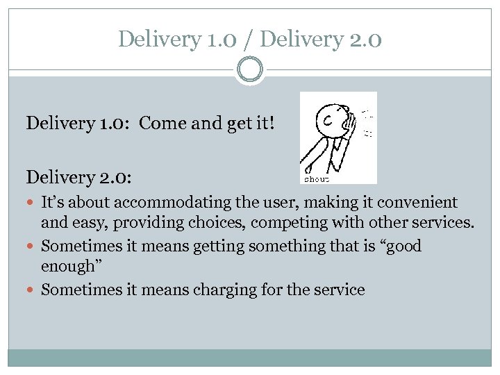 Delivery 1. 0 / Delivery 2. 0 Delivery 1. 0: Come and get it!