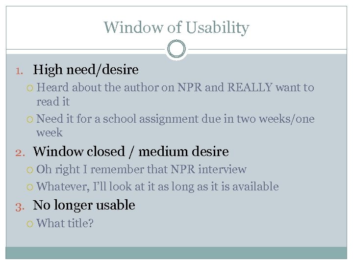 Window of Usability 1. High need/desire Heard about the author on NPR and REALLY