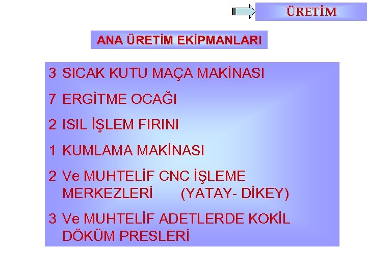 ÜRETİM ANA ÜRETİM EKİPMANLARI 3 SICAK KUTU MAÇA MAKİNASI 7 ERGİTME OCAĞI 2 ISIL